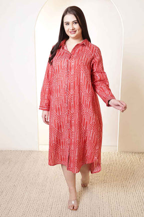 Plus Size Bold Red & White Print Cotton Shirt Dress