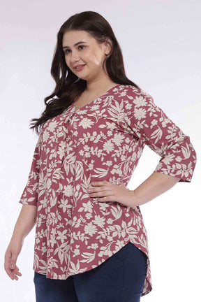 Plus Size Purple Taupe Floral Print V Neck Cotton Top