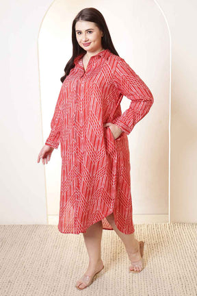 Plus Size Bold Red & White Print Cotton Shirt Dress
