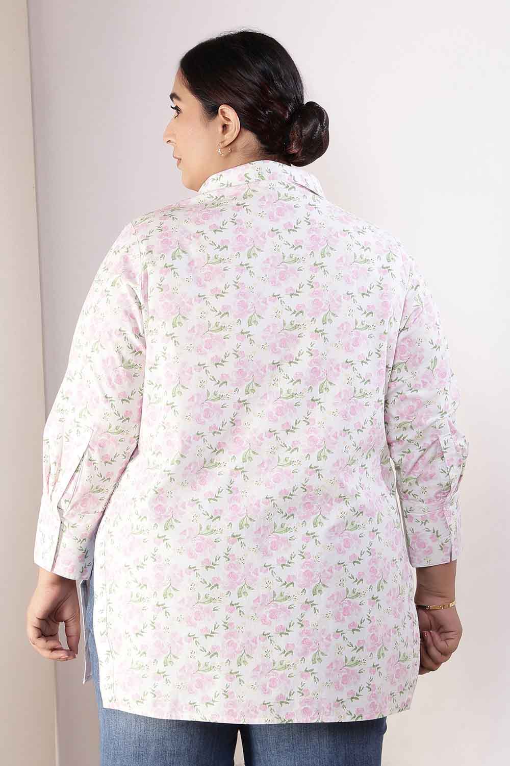 Plus Size Pink Floral High Slit Styled Cuff Cotton Shirt