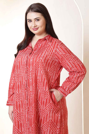 Plus Size Bold Red & White Print Cotton Shirt Dress