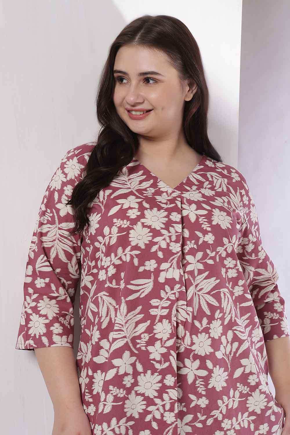 Comfortable Plus Size Purple Taupe Floral Print V Neck Cotton Top