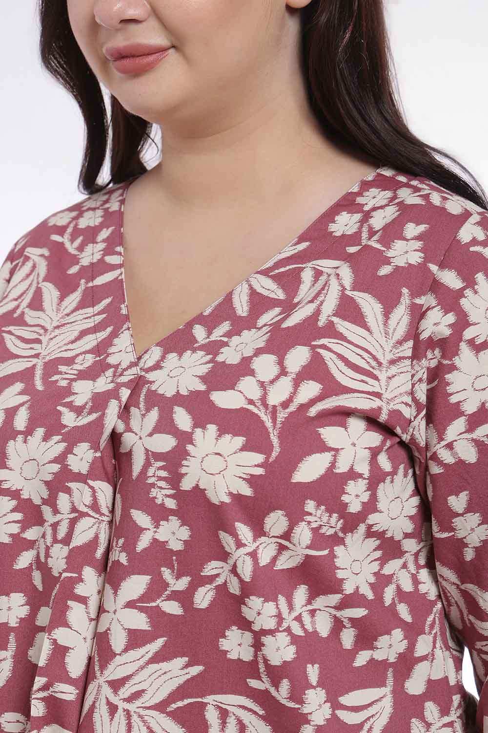 Plus Size Plus Size Purple Taupe Floral Print V Neck Cotton Top