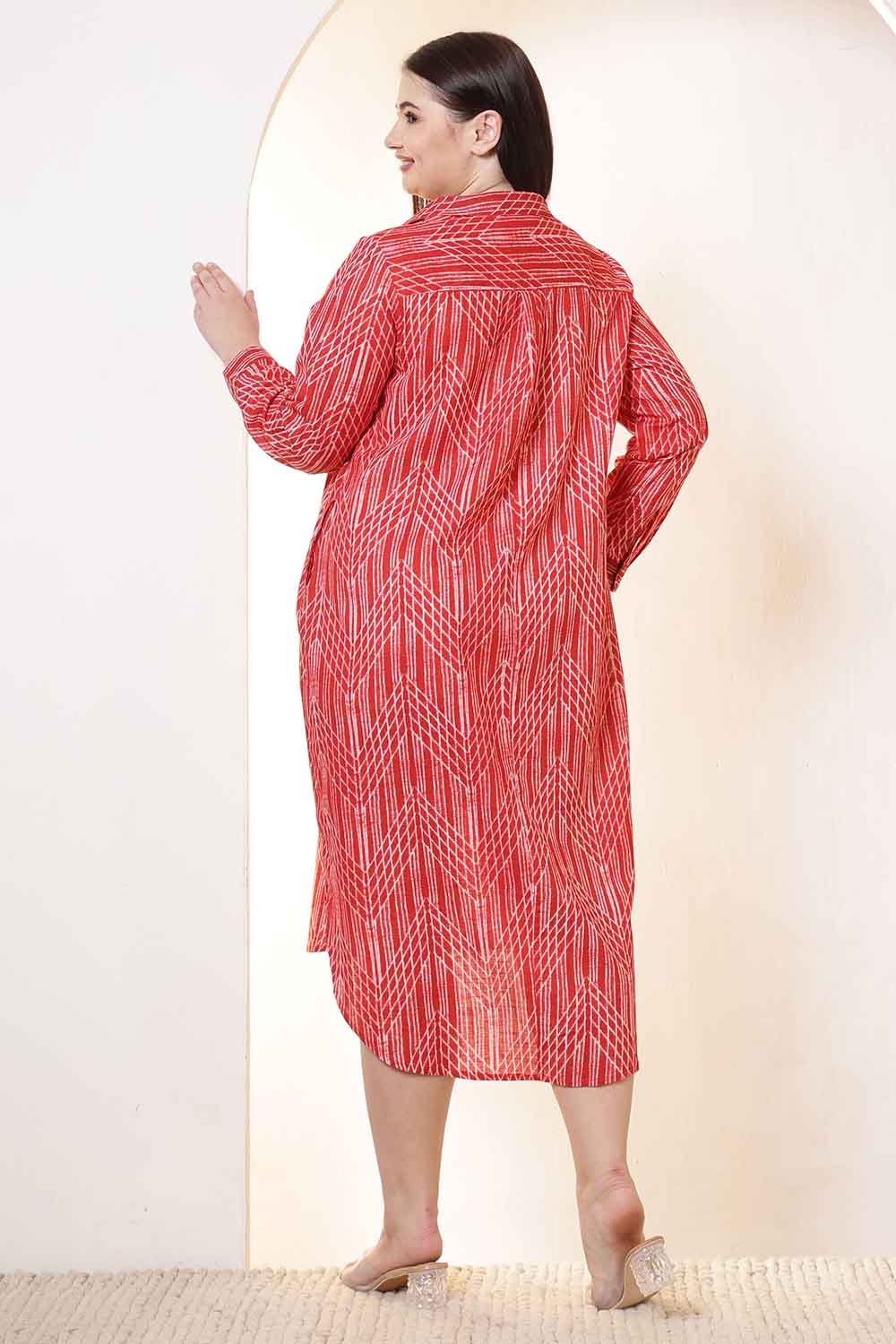 Plus Size Bold Red & White Print Cotton Shirt Dress