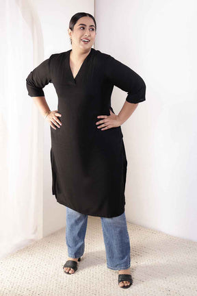 Plus Size Black V-Neck Cotton Linen V Neck Kurta