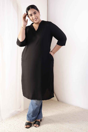 Plus Size Black V-Neck Cotton Linen V Neck Kurta