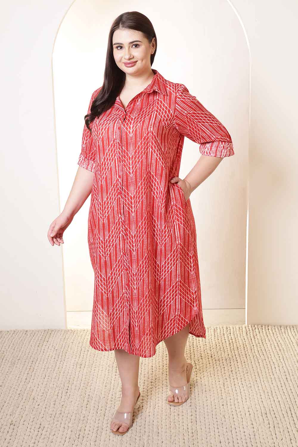 Comfortable Plus Size Bold Red & White Print Cotton Shirt Dress