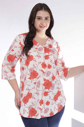 Plus Size Red Floral Print V Neck Cotton Top