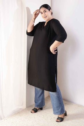 Plus Size Black V-Neck Cotton Linen V Neck Kurta