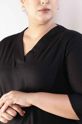 Plus Size Black V-Neck Cotton Linen V Neck Kurta