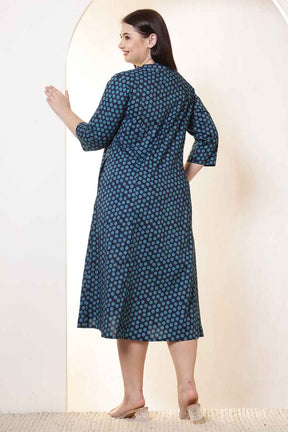 Plus Size Navy & Teal Polka Print Cotton Midi Dress