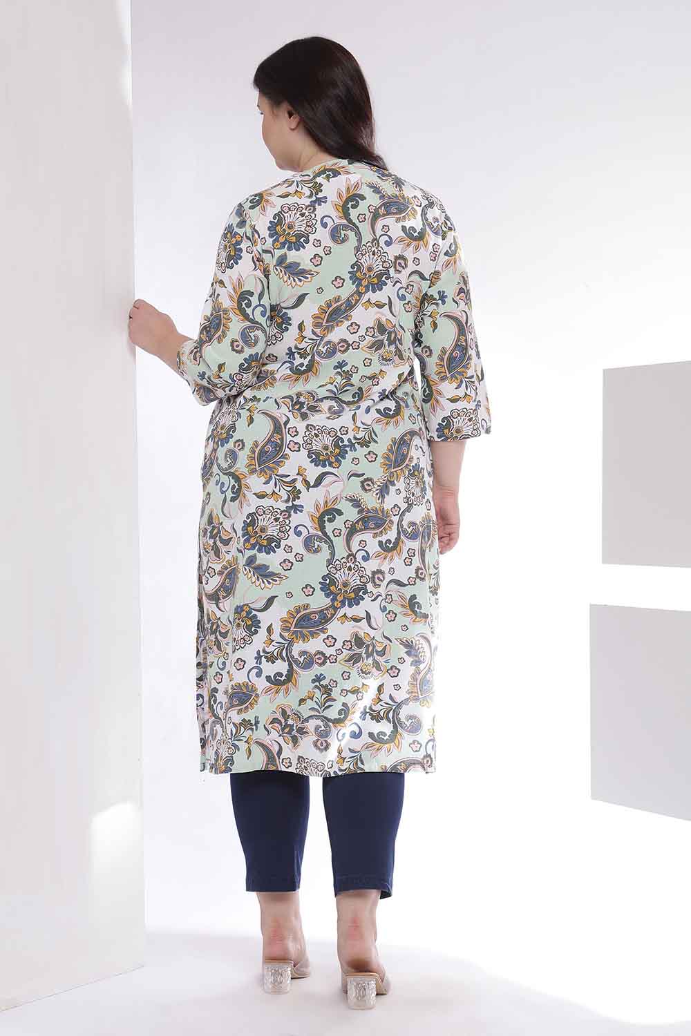 Plus Size Green Paisley Print Cotton V Neck Kurta