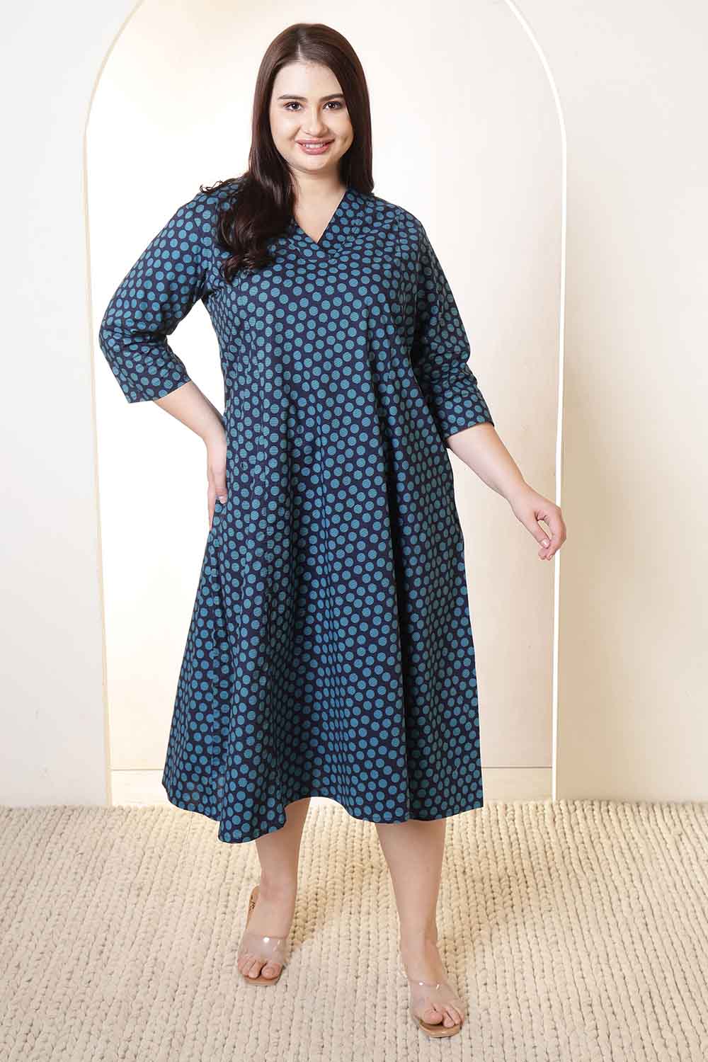 Plus Size Plus Size Navy & Teal Polka Print Cotton Midi Dress