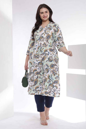 Plus Size Green Paisley Print Cotton V Neck Kurta