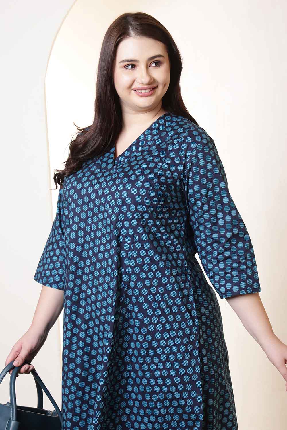 Comfortable Plus Size Navy & Teal Polka Print Cotton Midi Dress