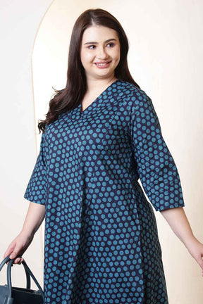 Plus Size Navy & Teal Polka Print Cotton Midi Dress