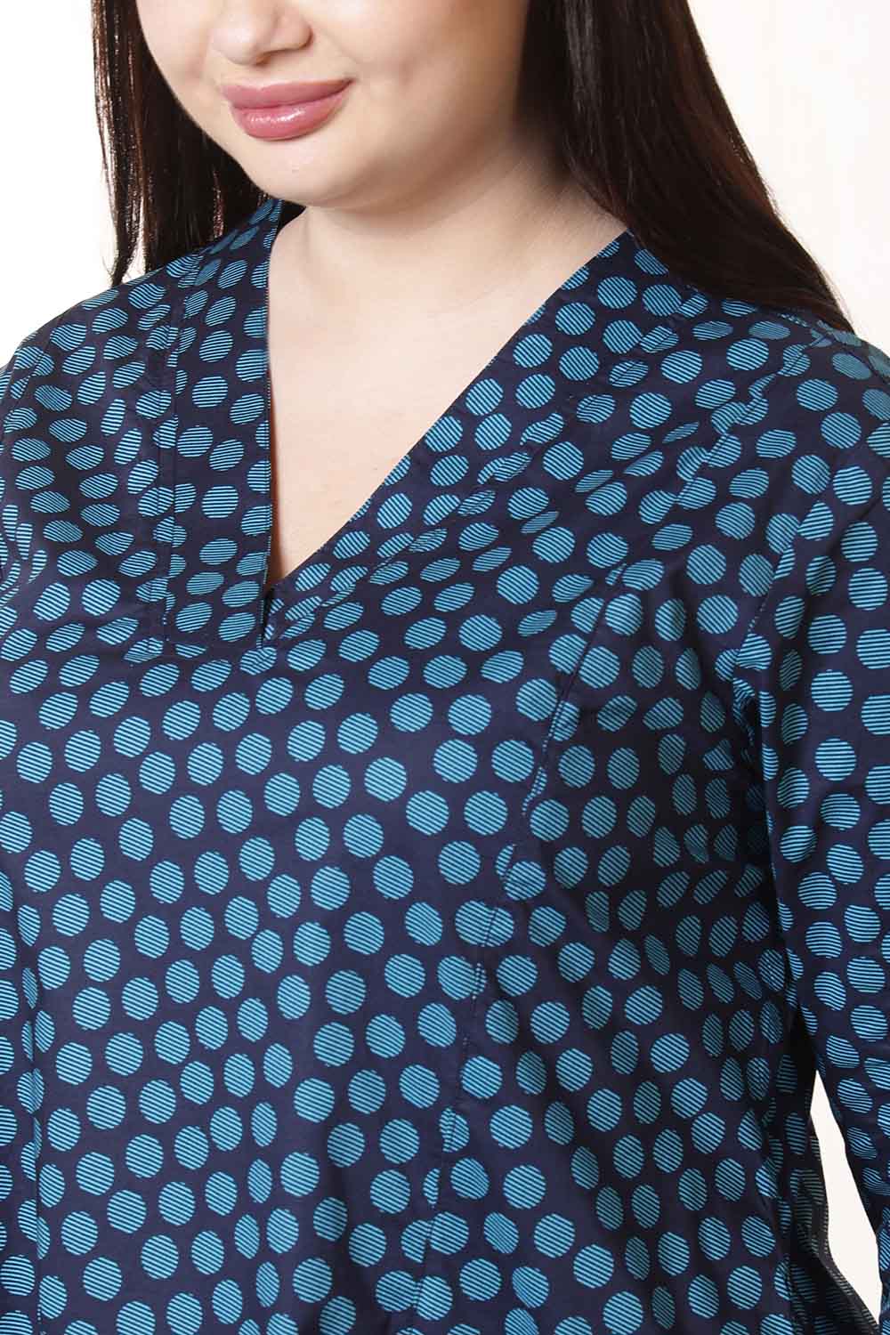 Plus Size Navy & Teal Polka Print Cotton Midi Dress