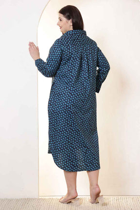 Plus Size Navy & Teal Polka Print Cotton Shirt Dress