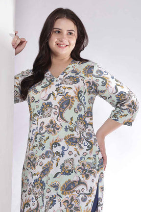 Plus Size Green Paisley Print Cotton V Neck Kurta