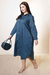 Plus Size Navy & Teal Polka Print Cotton Shirt Dress