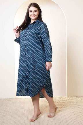 Plus Size Navy & Teal Polka Print Cotton Shirt Dress