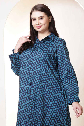Plus Size Navy & Teal Polka Print Cotton Shirt Dress