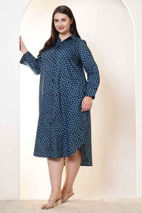 Plus Size Navy & Teal Polka Print Cotton Shirt Dress