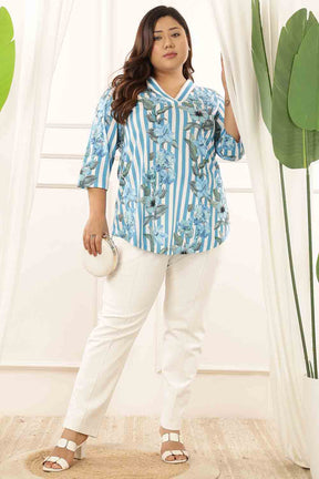 Plus Size Blue Floral Stripes Top