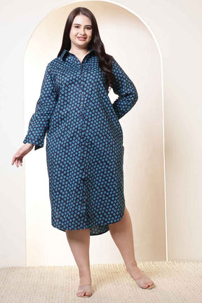 Plus Size Navy & Teal Polka Print Cotton Shirt Dress