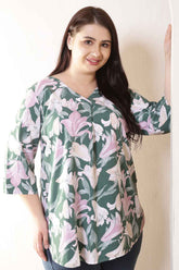 Plus Size Green & Pink Flower Print V Neck Rayon Top