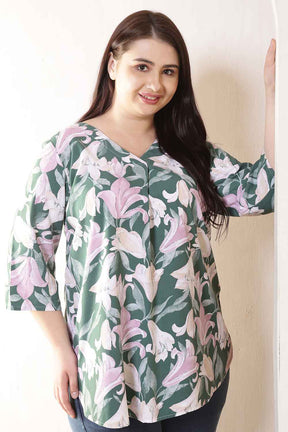 Plus Size Green & Pink Flower Print V Neck Rayon Top