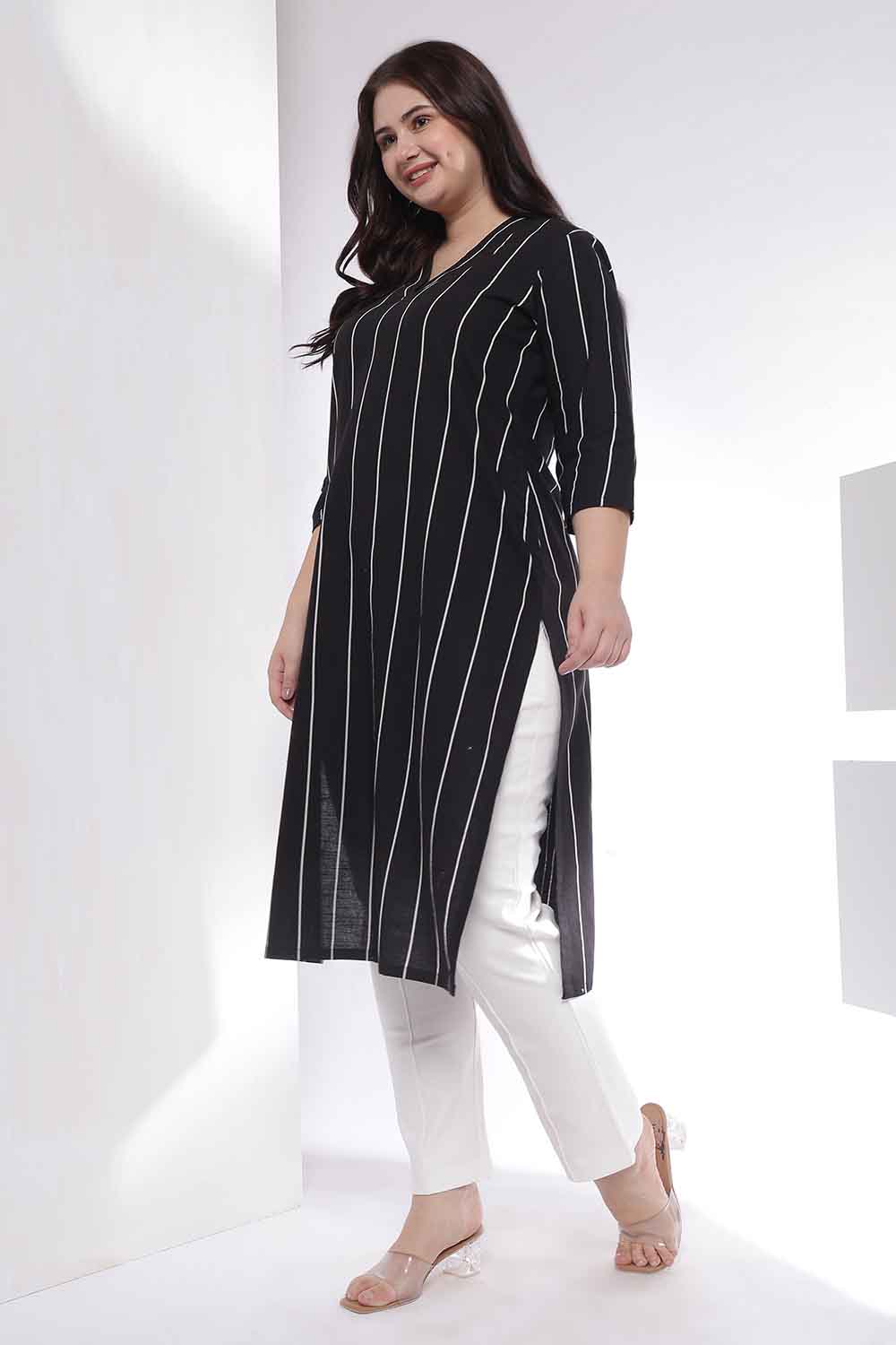 Plus Size Black Vertical Stripe Cotton V Neck Kurta