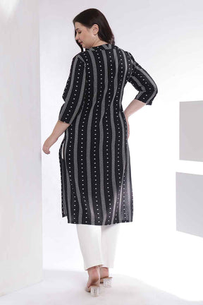 Plus Size Black Weave Work Cotton V Neck Kurta