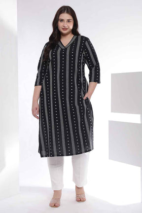 Plus Size Black Weave Work Cotton V Neck Kurta