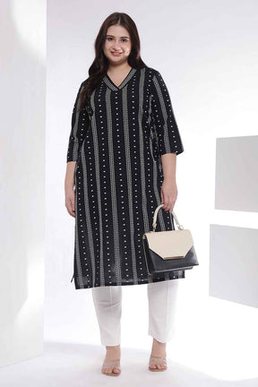 Plus Size Black Weave Work Cotton V Neck Kurta