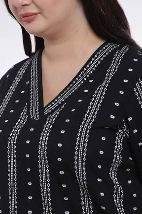 Plus Size Black Weave Work Cotton V Neck Kurta