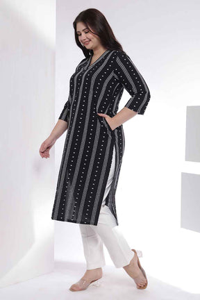 Plus Size Black Weave Work Cotton V Neck Kurta