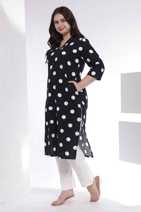 Plus Size Black Polka Print Cotton V Neck Kurta