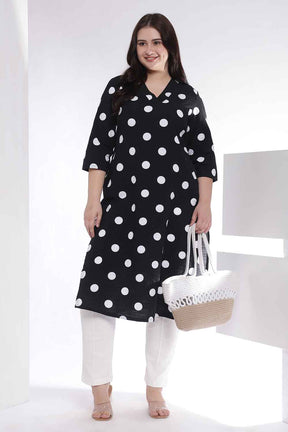 Plus Size Black Polka Print Cotton V Neck Kurta