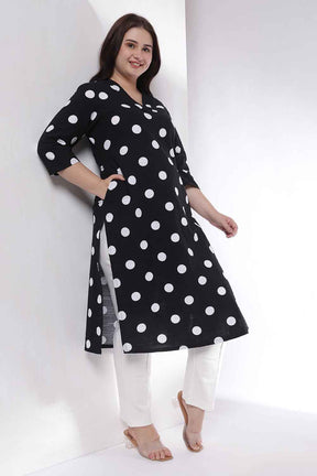 Plus Size Black Polka Print Cotton V Neck Kurta