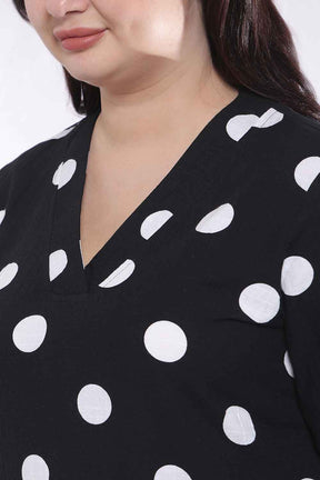 Plus Size Black Polka Print Cotton V Neck Kurta