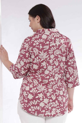 Plus Size Purple Taupe Floral Print Cuban Collar Cotton Shirt