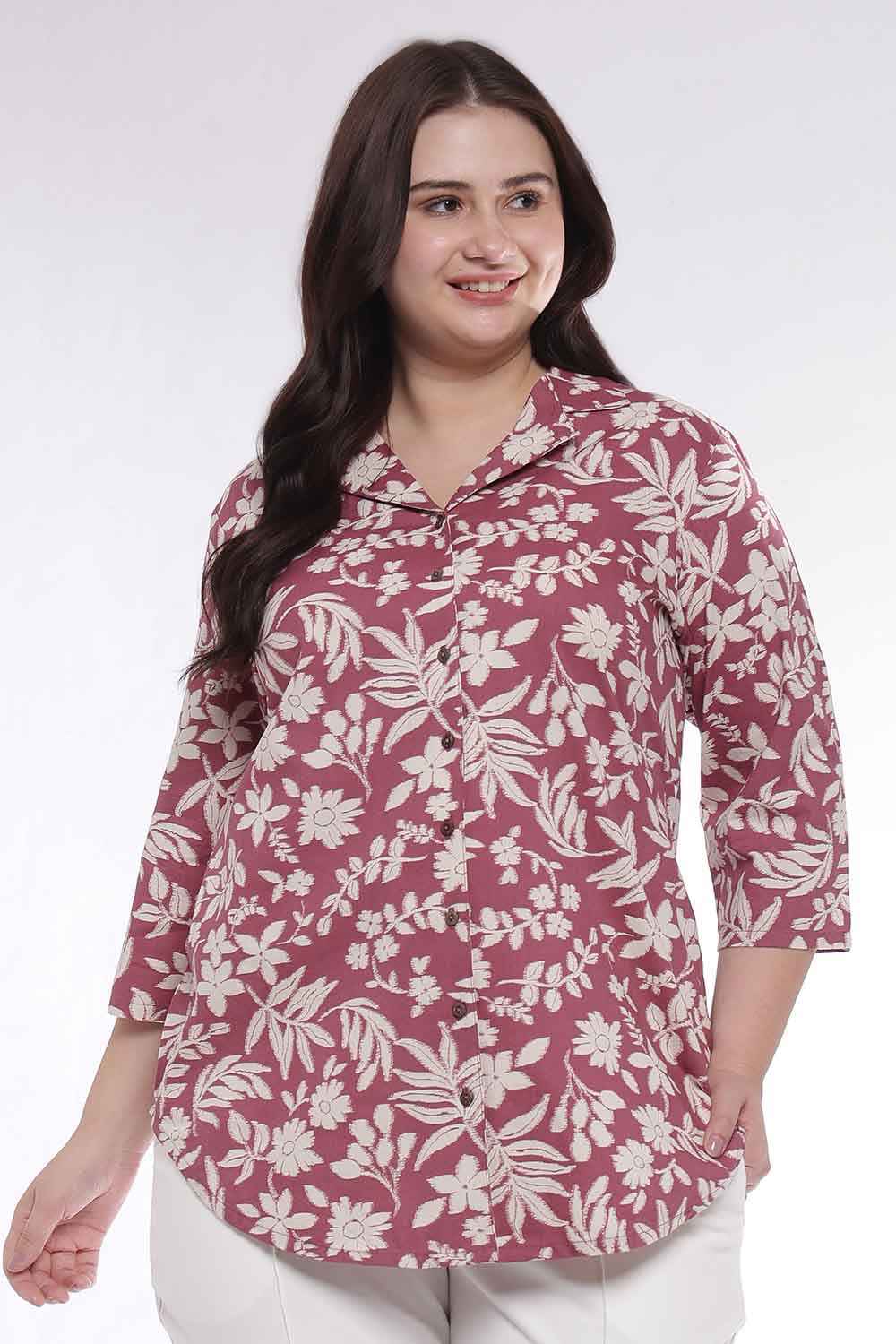 Plus Size Plus Size Purple Taupe Floral Print Cuban Collar Cotton Shirt