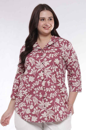 Plus Size Purple Taupe Floral Print Cuban Collar Cotton Shirt