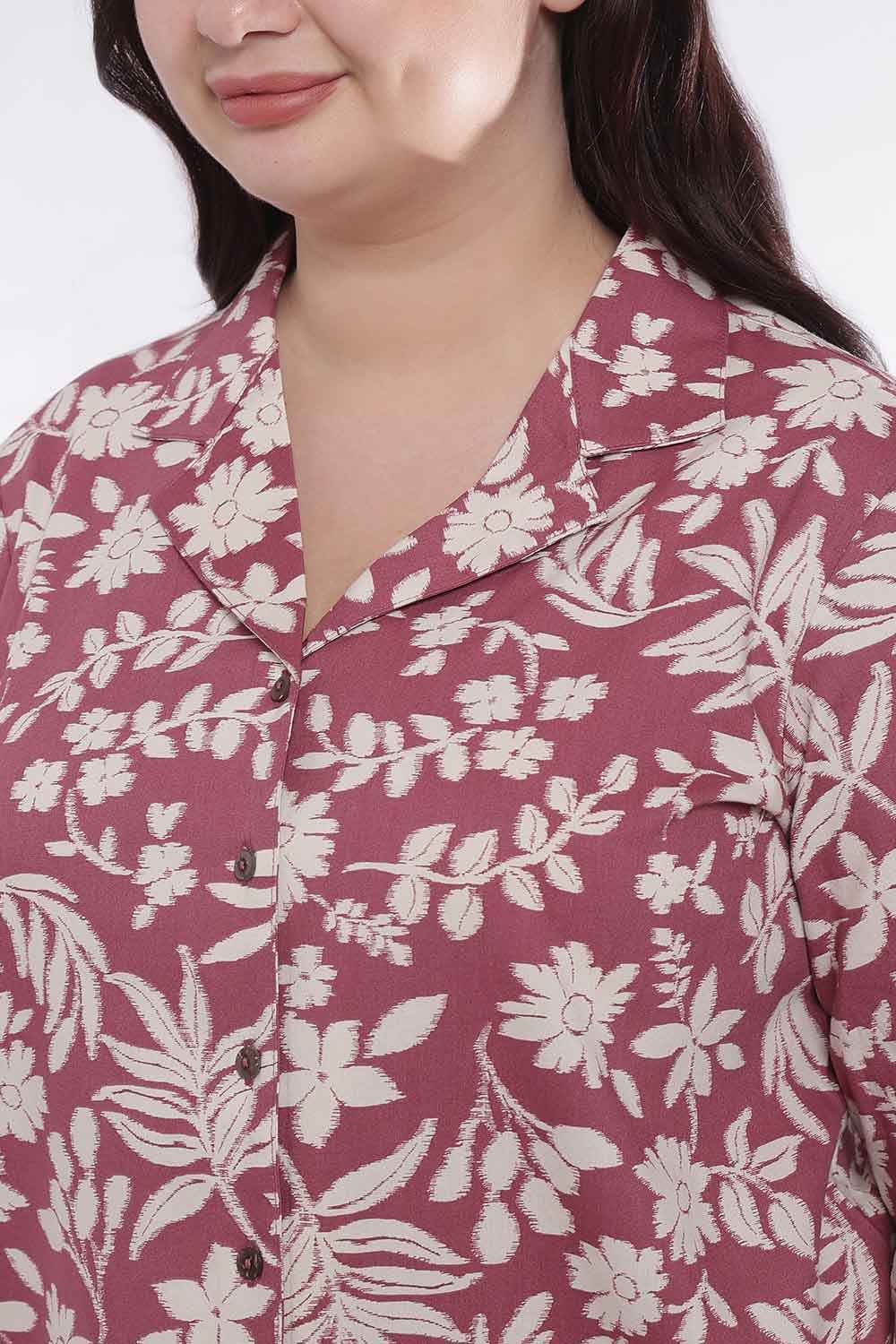 Plus Size Purple Taupe Floral Print Cuban Collar Cotton Shirt for Women