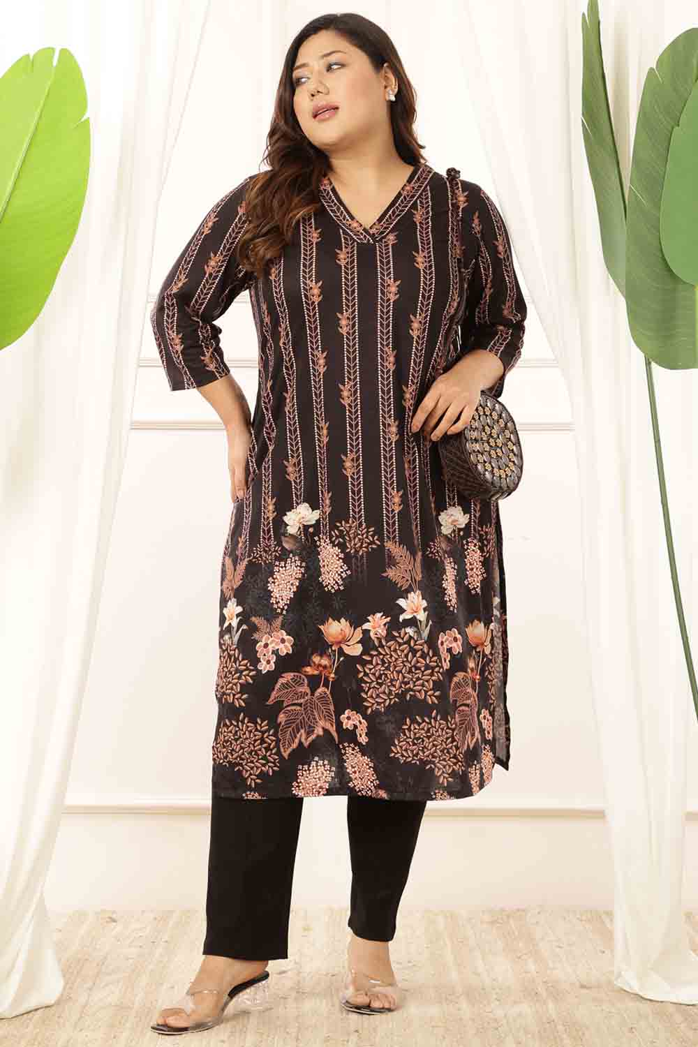 Plus Size Black Floral High Wais Pants