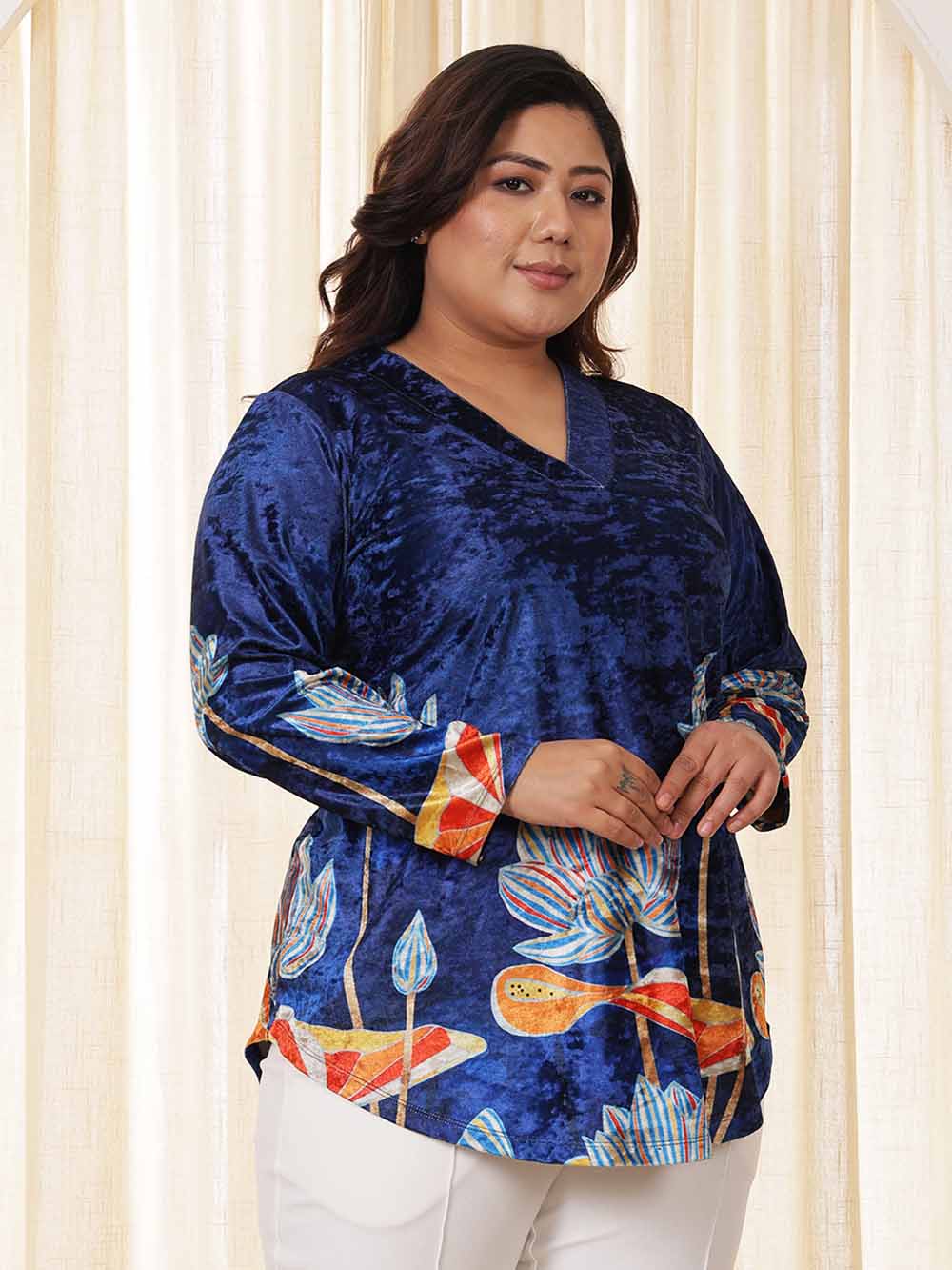 Plus Size Blue Floral Velvet Top for Women