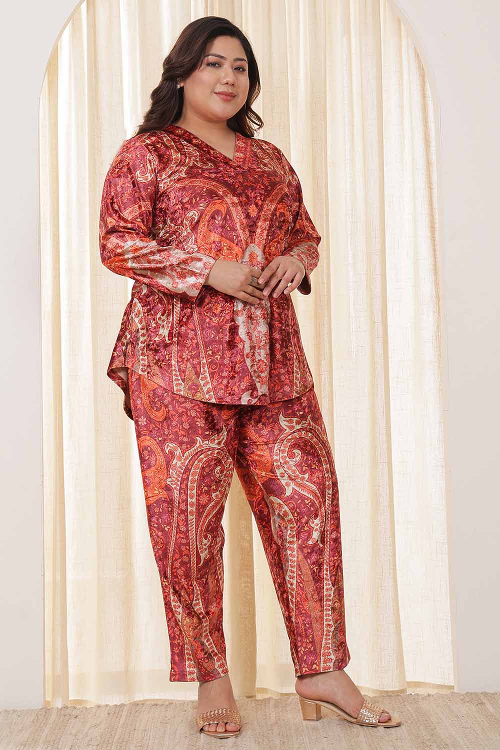 Plus Size Orange Ethnic Velvet Coord Set for Women