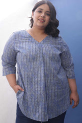 Plus Size Indigo Striped V Neck Cotton Top
