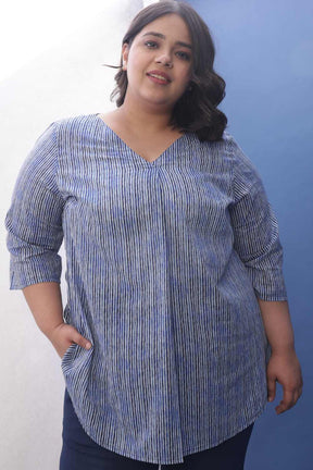 Plus Size Indigo Striped V Neck Cotton Top